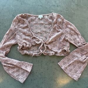 Vintage Y2k Baby Pink Lace Flare Sleeve Bolo Tie Up Crop Blouse La Hearts Medium